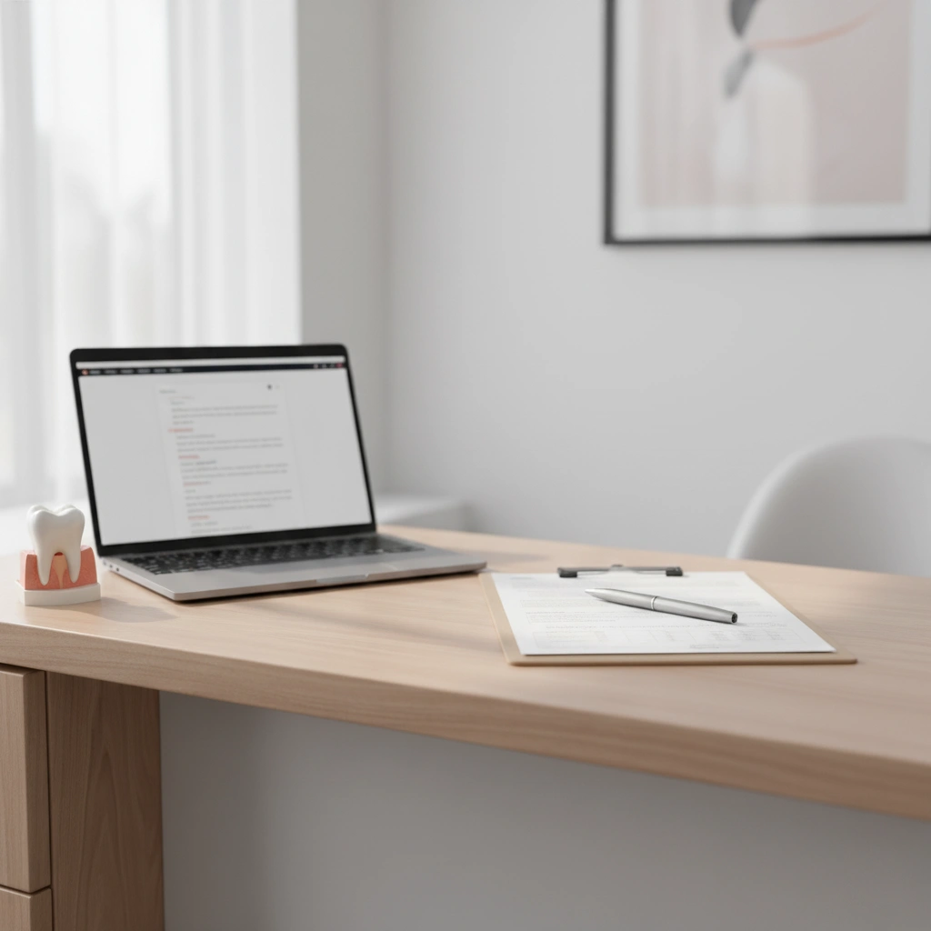 Dentist’s desk setup with laptop and dental model in Windsor dental office.